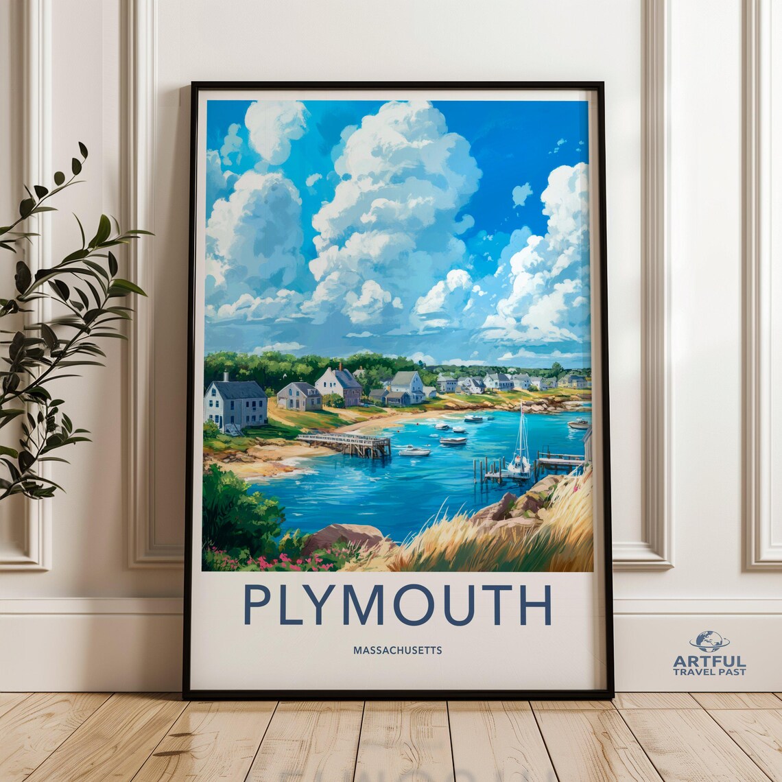 Plymouth Massachusetts Harbor Coastal Boats Vintage Travel Poster