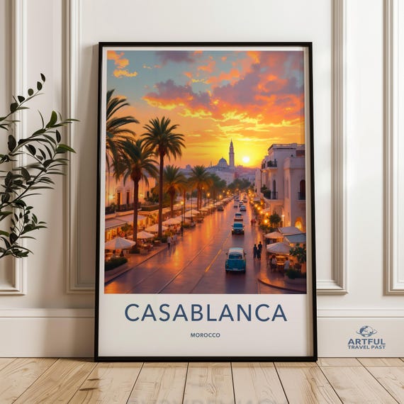 Casablanca Wall Art Morocco Travel Poster Vintage Cityscape Print Marrakech Decor Moroccan Landmark Artwork Retro Illustration