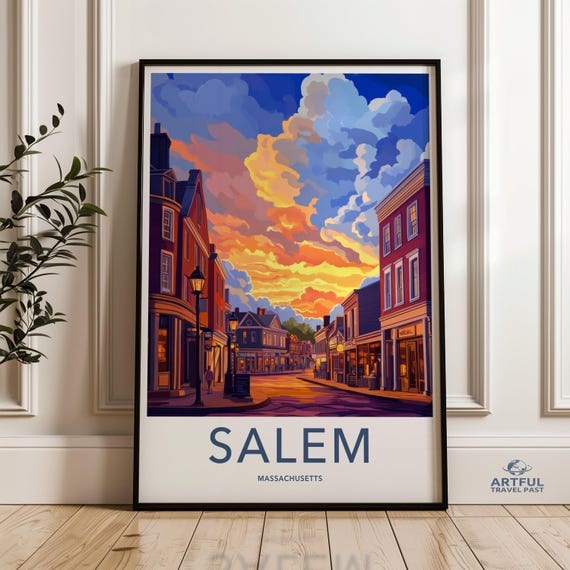 Salem Wall Art Print Massachusetts Cityscape Poster Sunset Town Scene Picture Historic Main Street Artwork Home Decor Gift