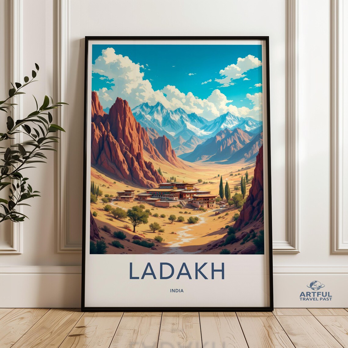 Ladakh India Himalayan Monastery Red Canyon Snow Peaks Travel Poster