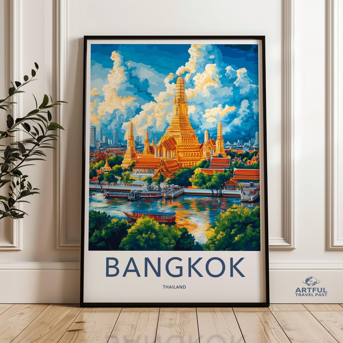 Bangkok Thailand Golden Temple River Boat Scene Travel Poster