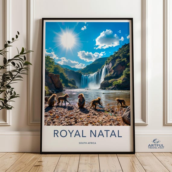 Royal Natal South Africa Wall Art Nature Landscape Poster Baboons By Waterfall Print Sunlight Outdoor Scene Travel Photography Decor