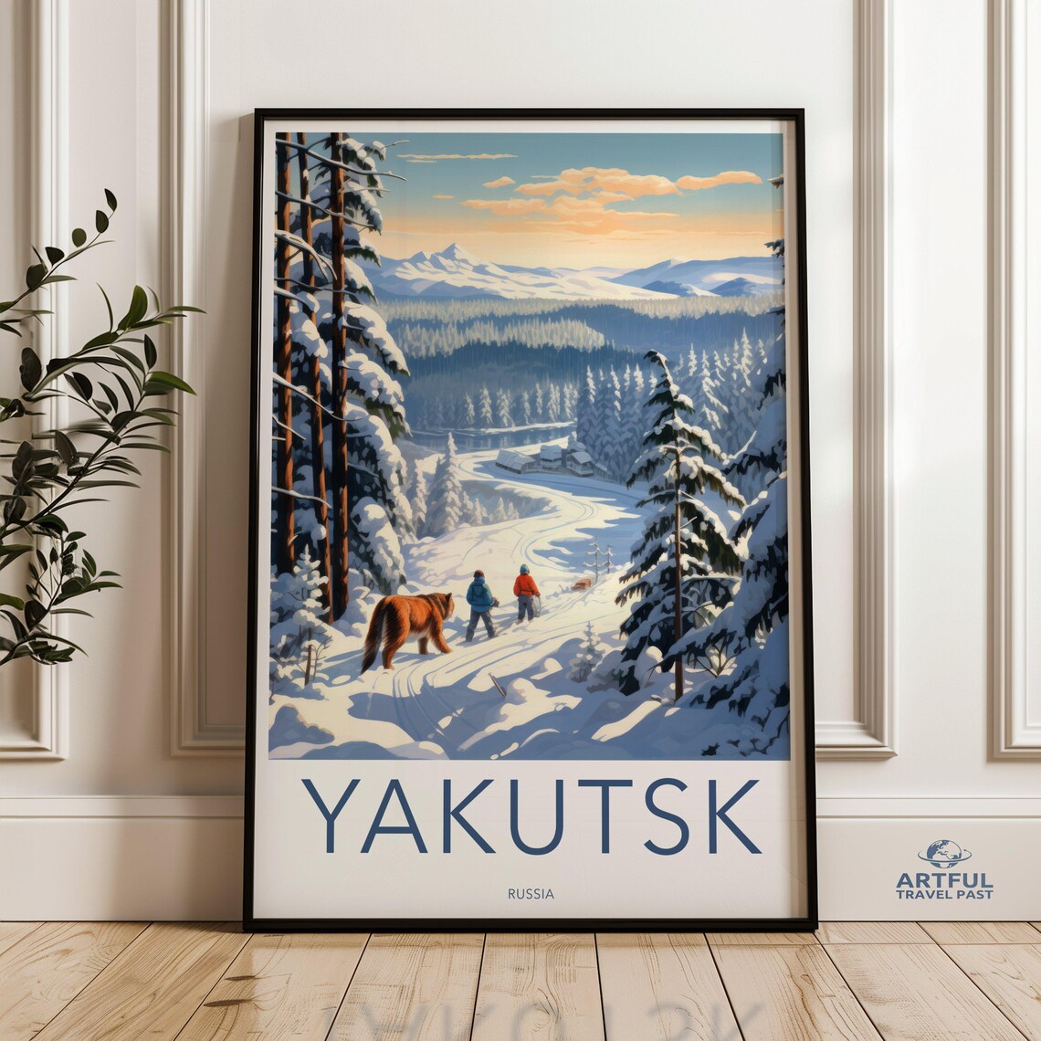 Yakutsk Russia Winter Poster Snowy Siberian Forest Skiers Travel Art