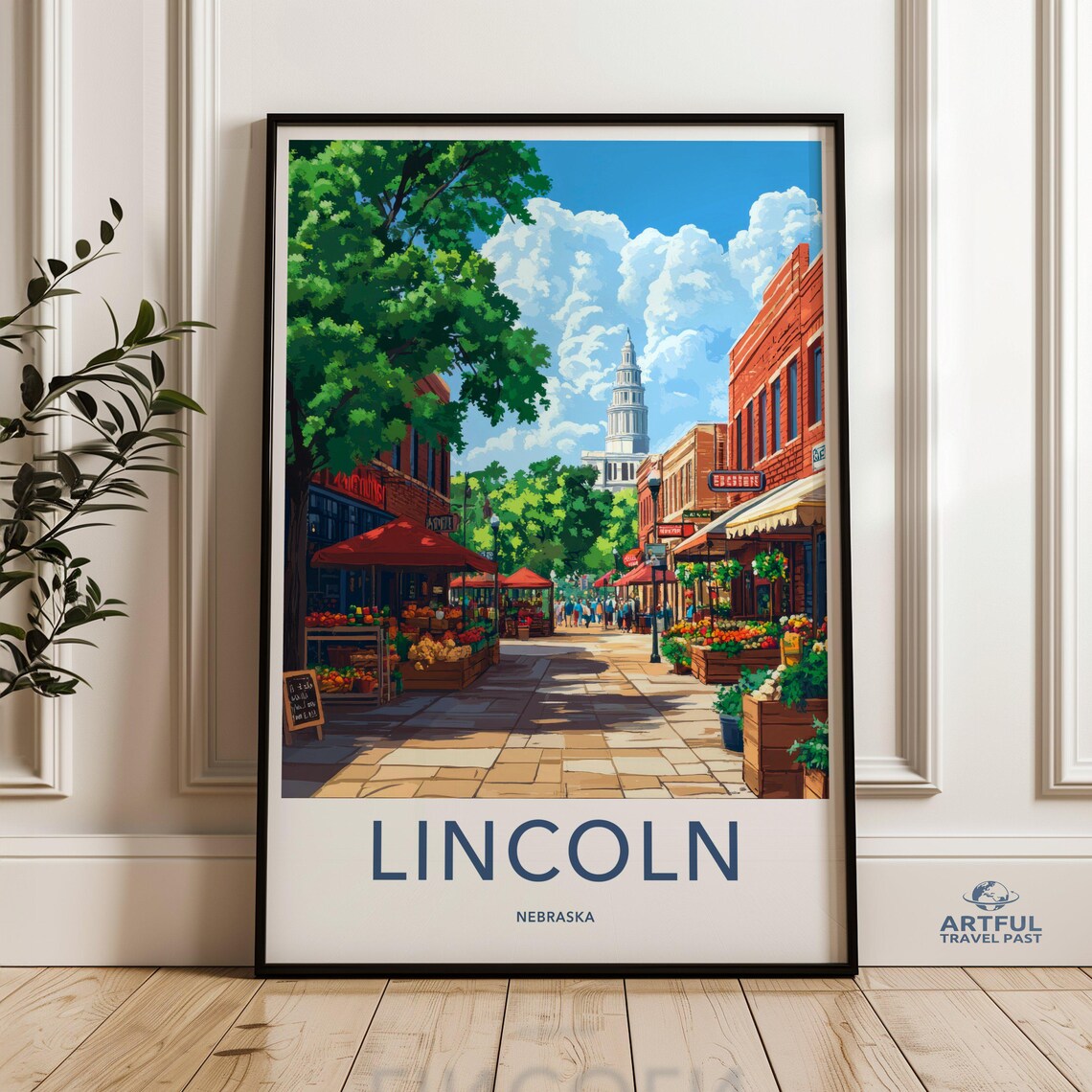 Lincoln Nebraska Downtown Market Street Vintage City Travel Poster