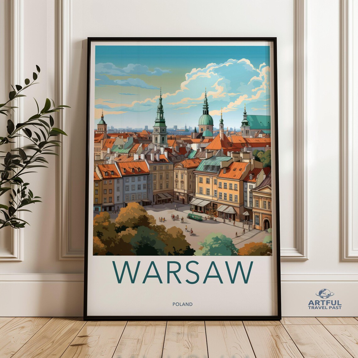 Warsaw Poland Old Town Rooftops Colorful Cityscape Travel Poster
