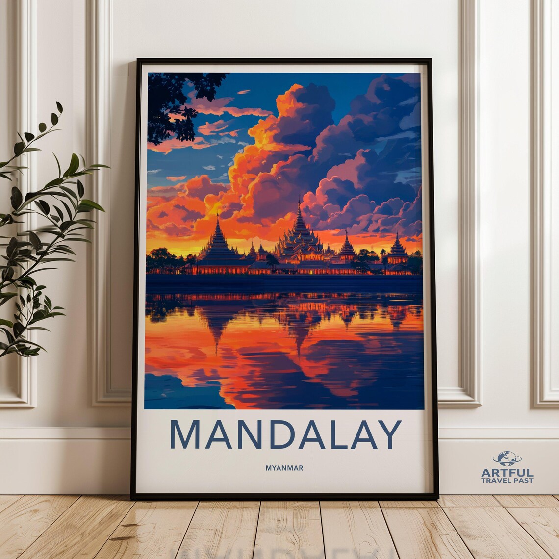 Mandalay Myanmar Pagoda Skyline Sunset Reflection Travel Poster