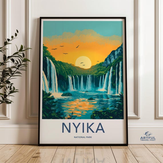 Nyika National Park Wall Art Landscape Waterfall Sunset Poster Nature Scene Print Birds And Waterfalls Illustration Decor