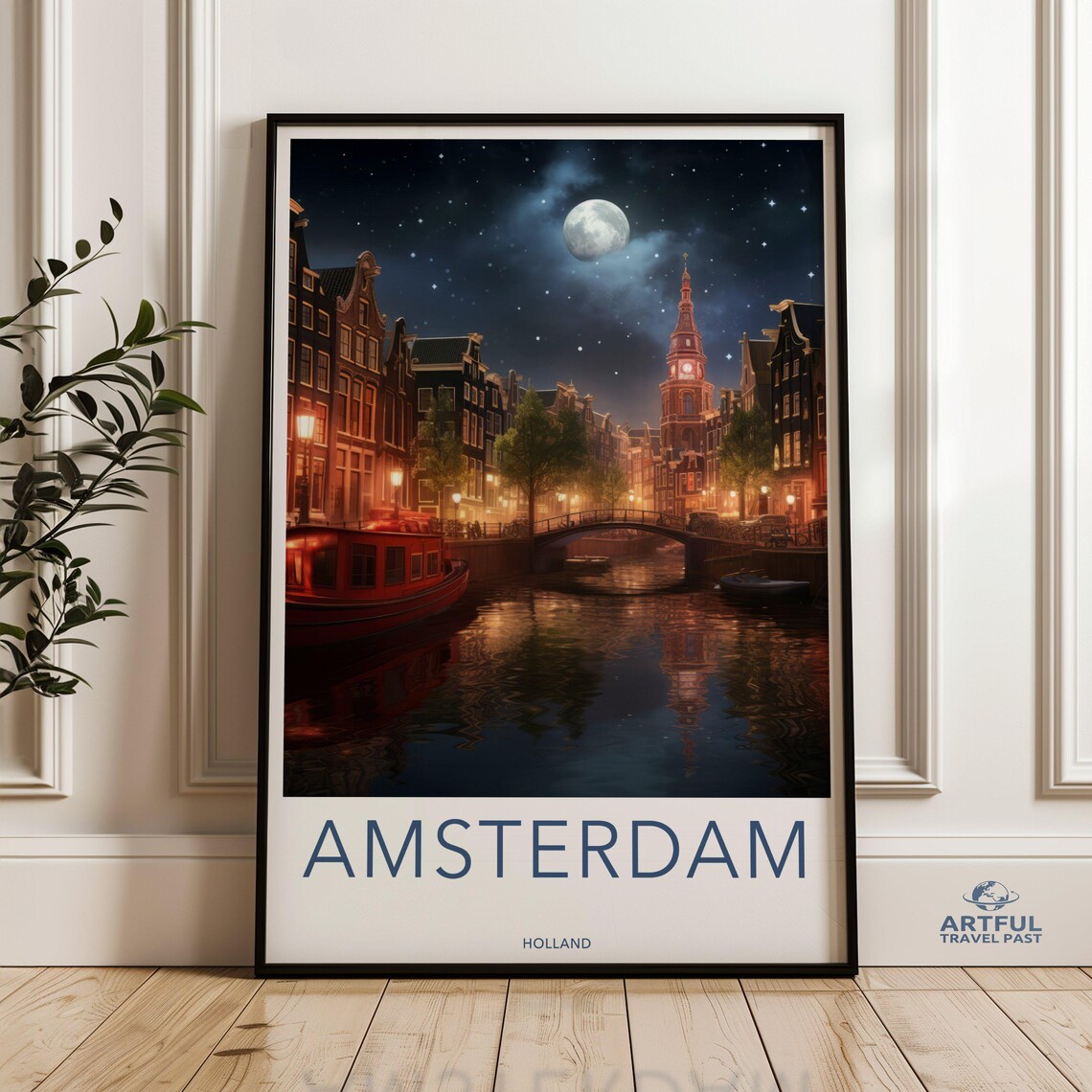 Amsterdam Night Scene Art Print, European Cityscape