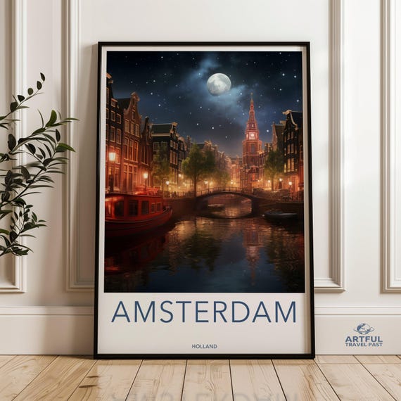 Amsterdam Night Scene Art Print, European Cityscape