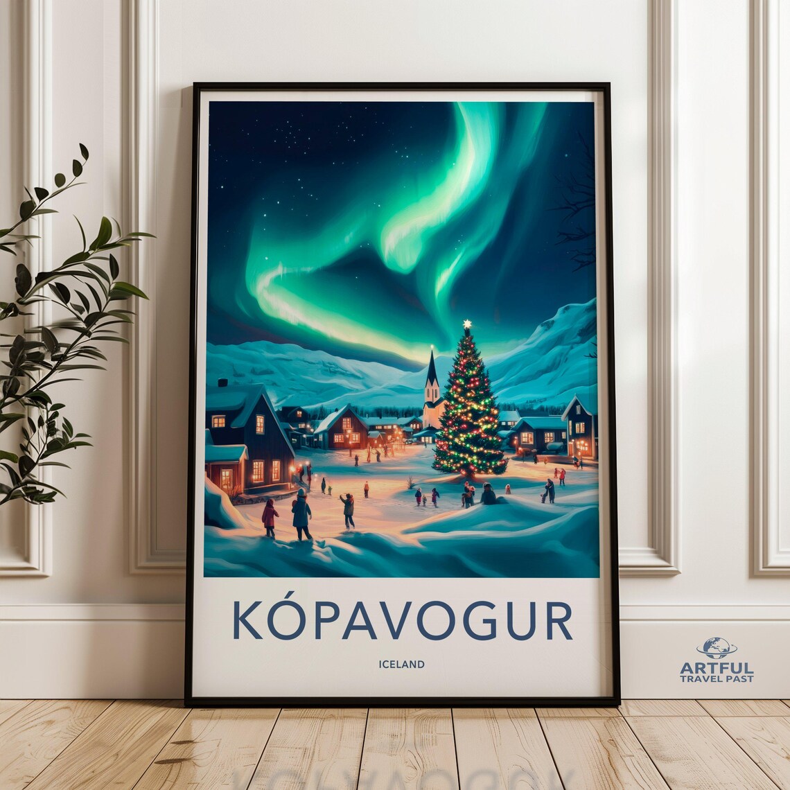 Kopavogur Iceland Aurora Christmas Tree Village Night Travel Poster