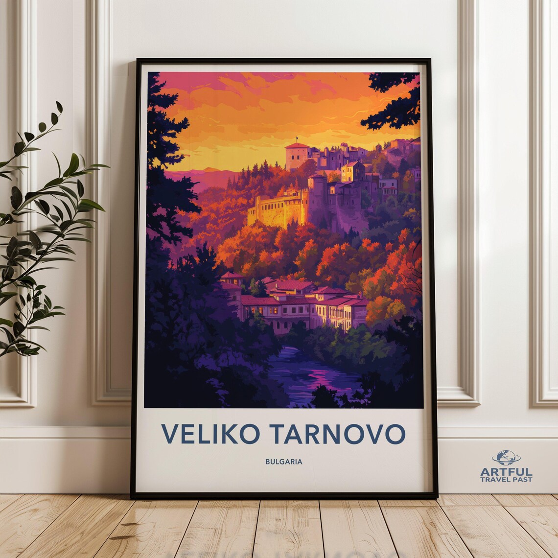 Veliko Tarnovo Bulgaria Sunset Fortress Hill Vintage Travel Poster