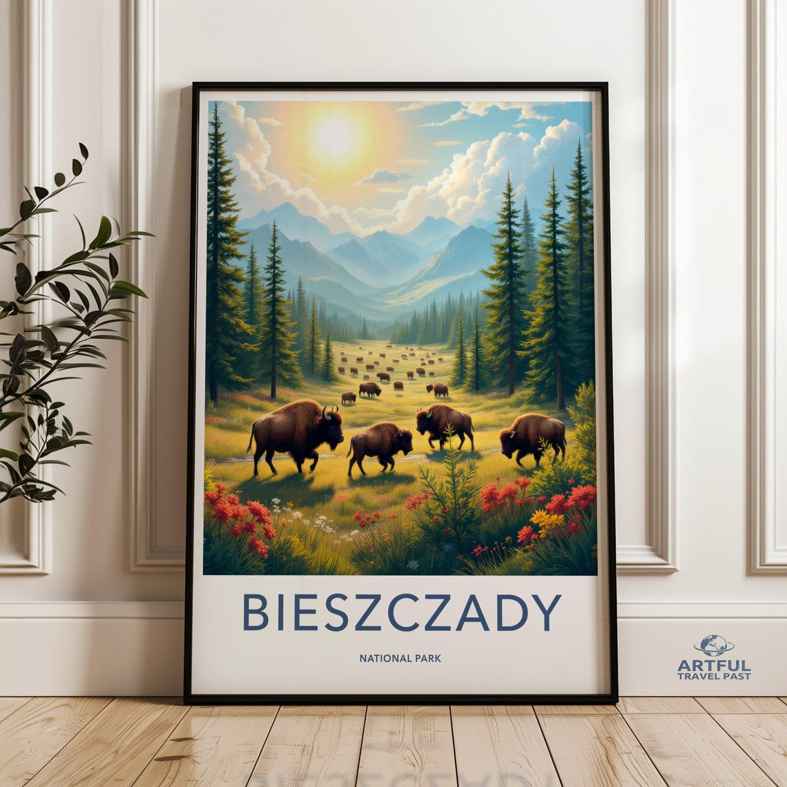 Bieszczady National Park Bison Herd Mountain Meadow Travel Poster