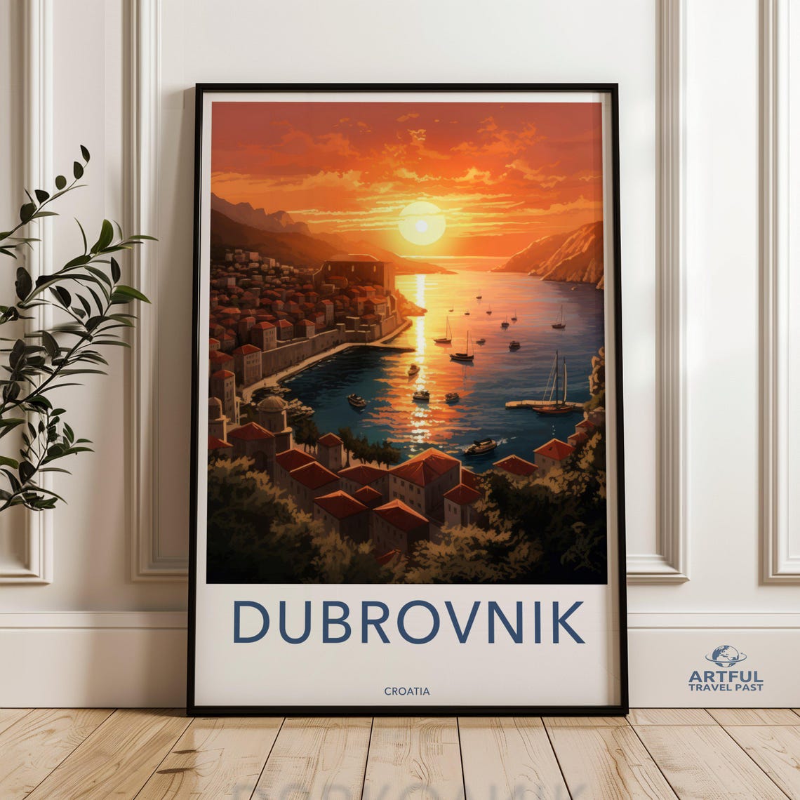 Dubrovnik Croatia Sunset Travel Poster Coastal Harbor Golden View