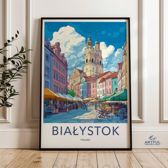 Bialystok Poland Cityscape Poster European Architecture Wall Art Vibrant Market Square Print Travel Decor Colorful Street Scene