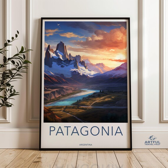 Patagonia Argentina Snow Capped Peaks Sunset Vintage Travel Poster