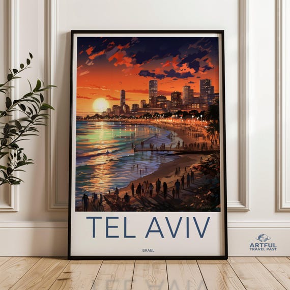 Tel Aviv Wall Art Cityscape Print Sunset Beach Coastal City Decor Urban Skyline Poster Vibrant