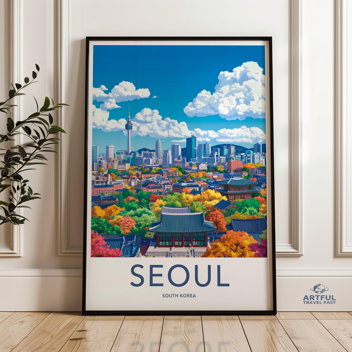 Seoul South Korea Night Cityscape Tower River Vintage Travel Poster