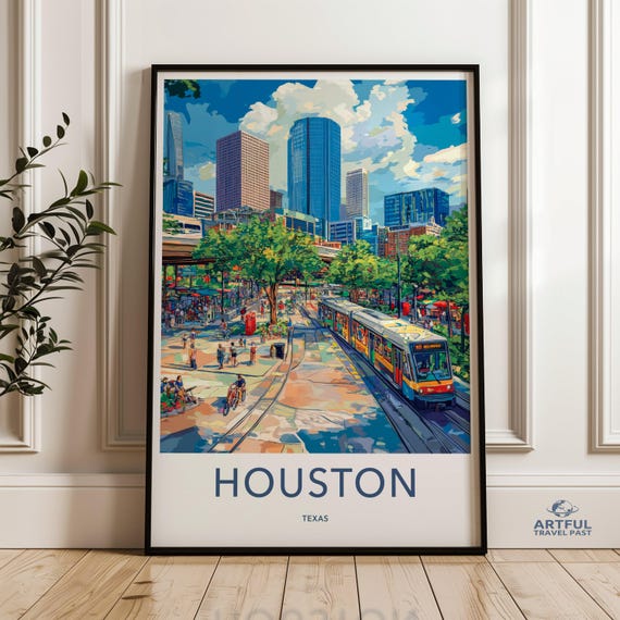 Houston Texas Wall Art Cityscape Print Travel Poster Modern Home Decor Downtown Skyline Souvenir Gift Urban Landscape Train Artwork