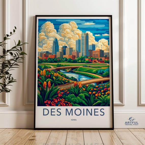 Des Moines Cityscape Wall Art Colorful Print Iowa Skyline Urban Landscape Poster Downtown Decor