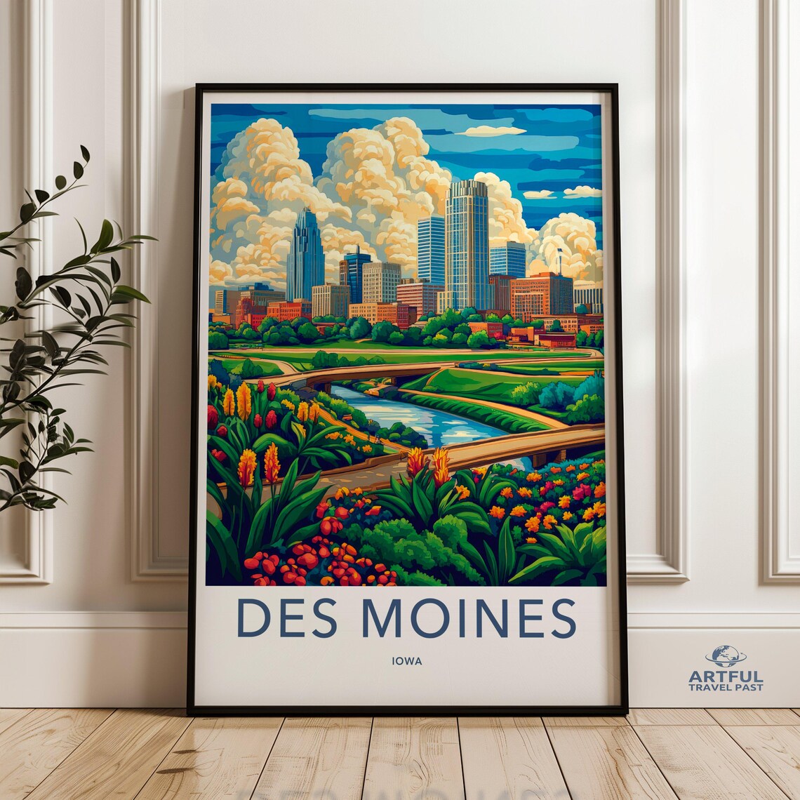 Des Moines Iowa Downtown Skyline Bridge Floral Travel Poster