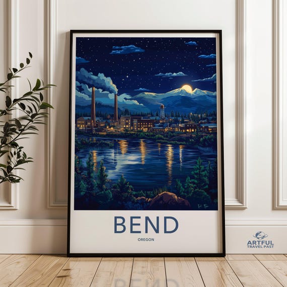 Bend Oregon Nightscape Wall Art Cityscape Night Sky Poster City View Print Moonlit River Artwork