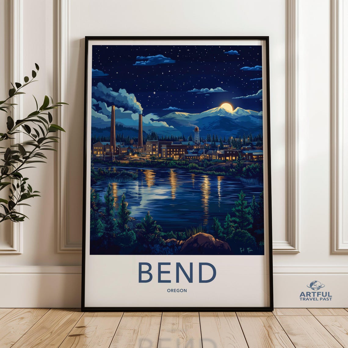 Bend Oregon Night Moonlit River Mountains Town Travel Art Poster