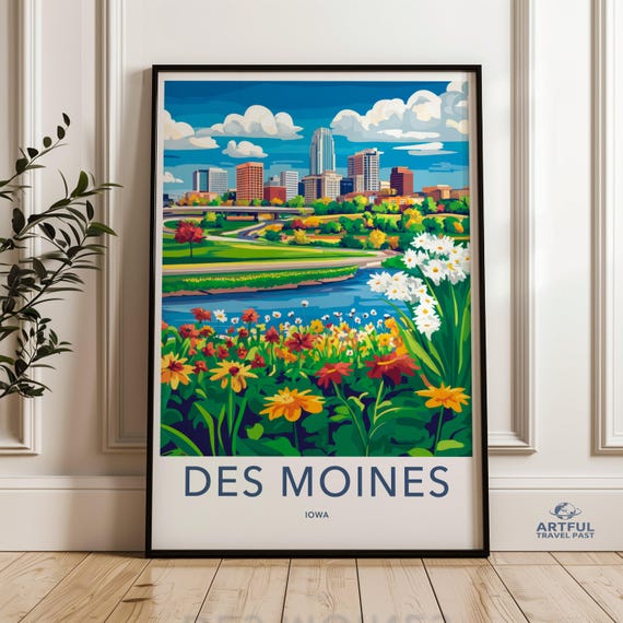 Des Moines Cityscape Wall Art Iowa Skyline Poster Vibrant Floral City View Print Modern Urban Decor Home Office Artwork