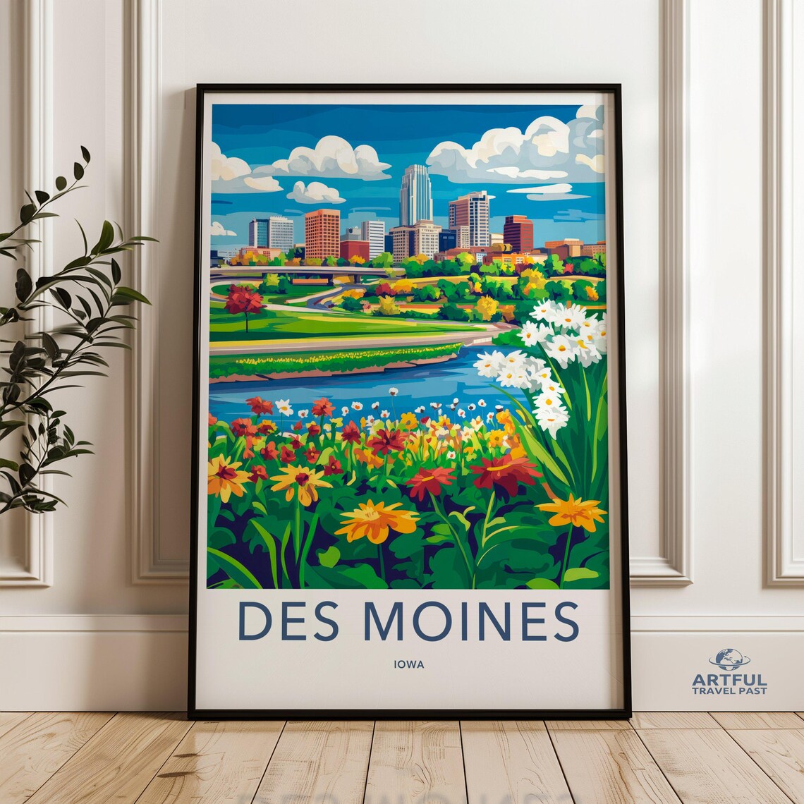 Des Moines Iowa Skyline River Garden Vintage Style Travel Poster