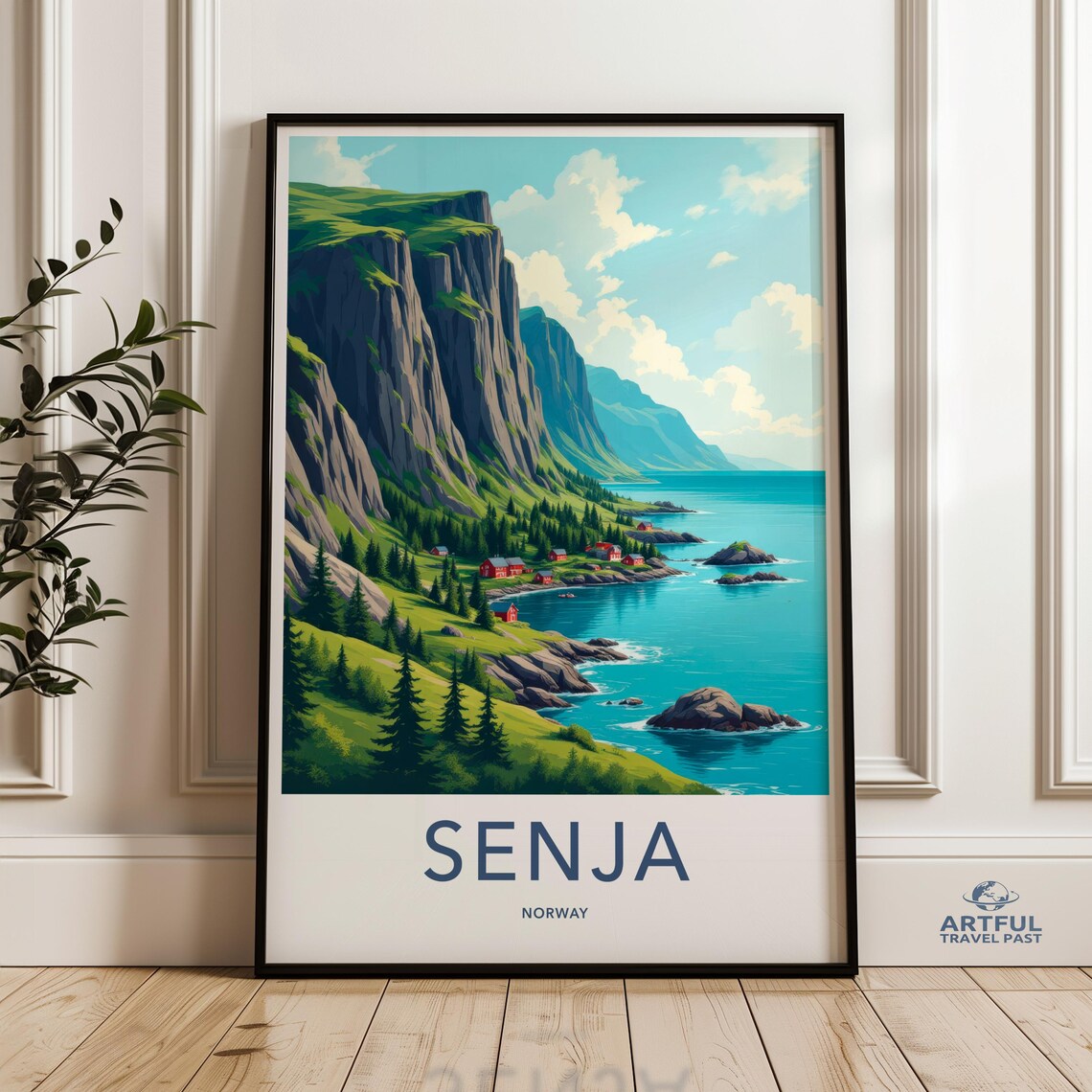 Senja Norway Fjord Cliffs Red Cabins Arctic Vintage Travel Poster