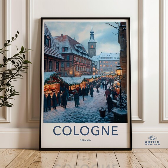 Cologne Christmas Market Travel Poster, Festive Scene