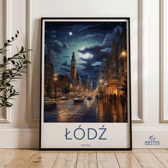 Lodz Poland Wall Art European Cityscape Poster Nighttime Street Scene Urban Architecture Print Moonlit City View Decor