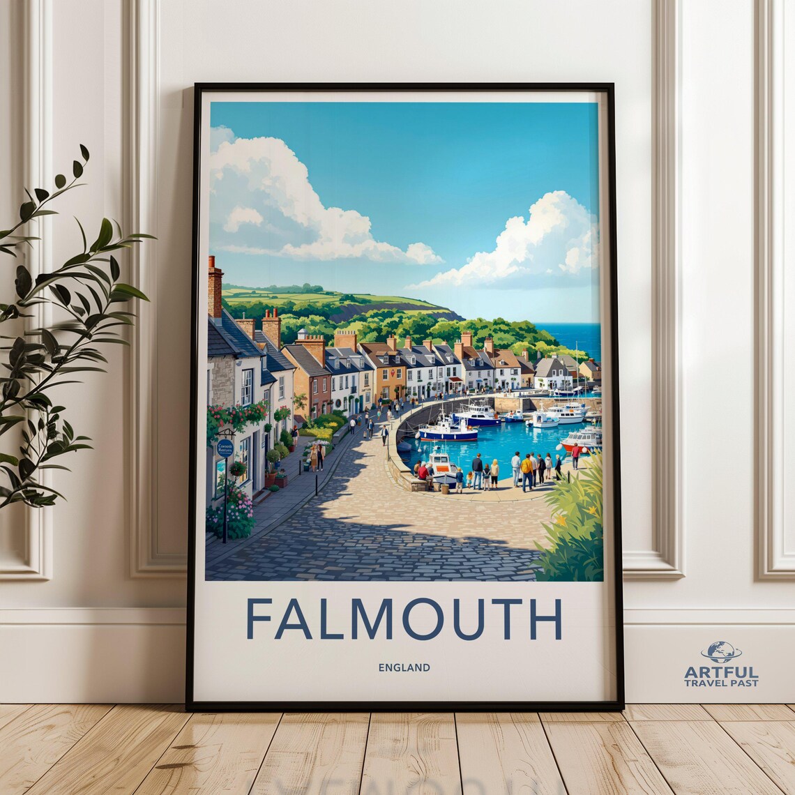 Falmouth England Harbor Scene Retro Travel Poster with Fishing Boats