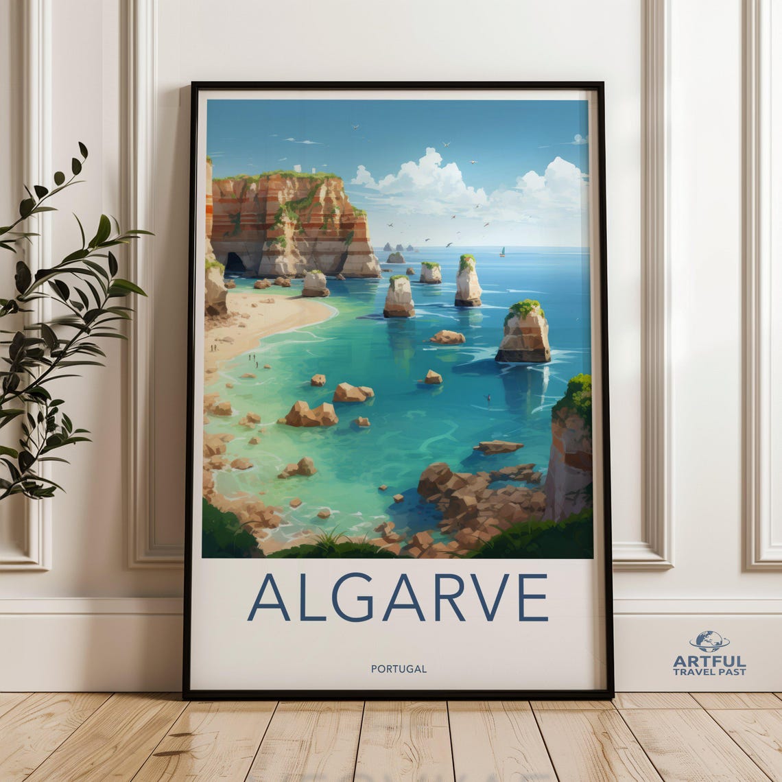 Algarve Portugal Sea Stacks Turquoise Bay Coastal Travel Poster