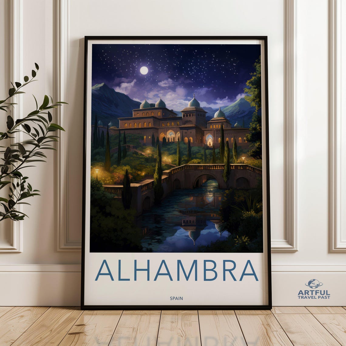 Alhambra Spain At Night Moonlit Palace Starry Sky Travel Poster