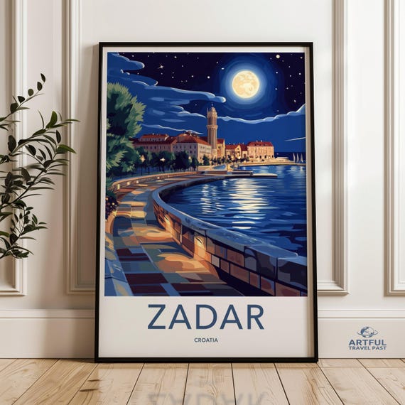 Zadar Croatia Wall Art Print Seaside Night Cityscape Poster Moonlight Coastal Artwork Scenic Travel Decor For Home
