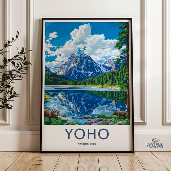 Yoho National Park Elk Mountain Lake Reflection Wildlife Travel Poster