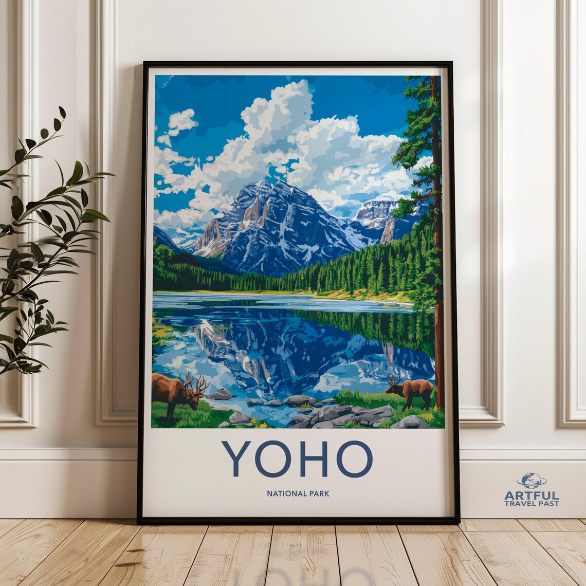 Yoho National Park Elk Mountain Lake Reflection Wildlife Travel Poster