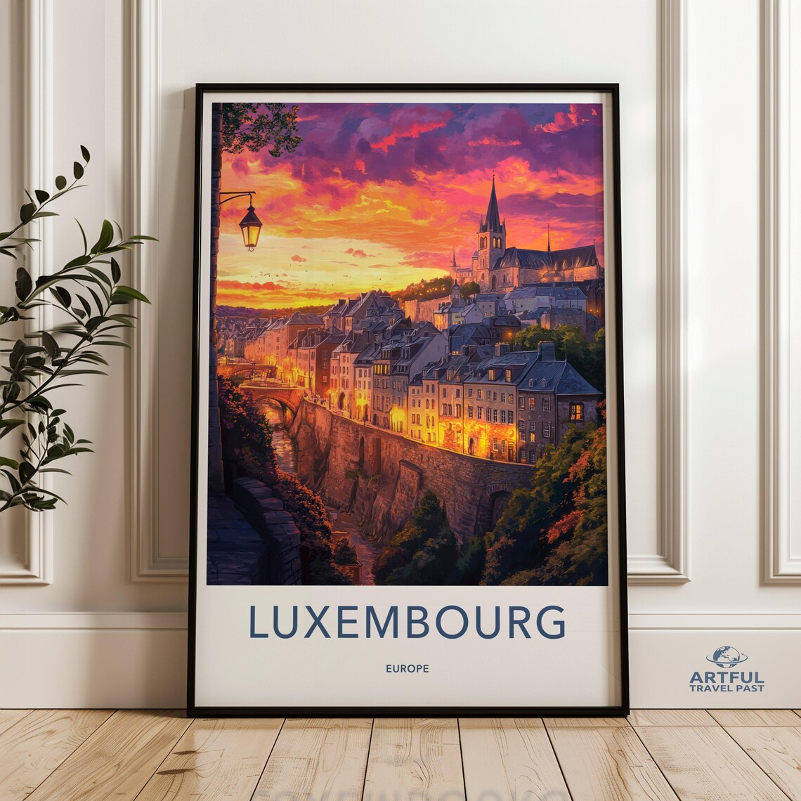 Luxembourg Europe Sunset Old Town Cliffside Cathedral Travel Poster