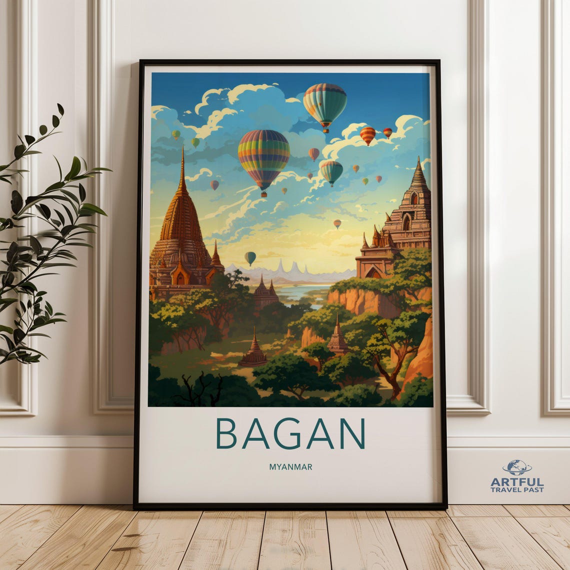 Bagan Myanmar Ancient Temples Hot Air Balloons Travel Poster