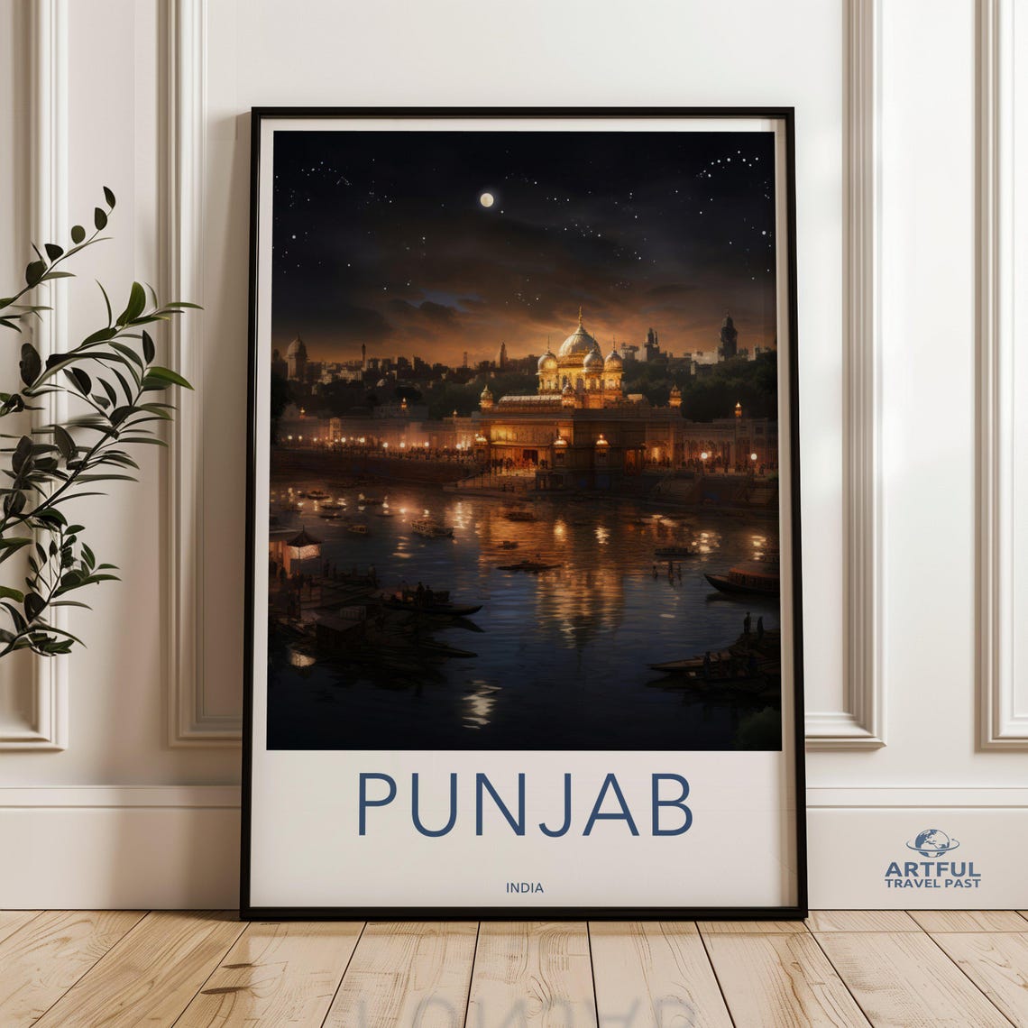 Punjab India Golden Temple Night River Reflection Travel Poster