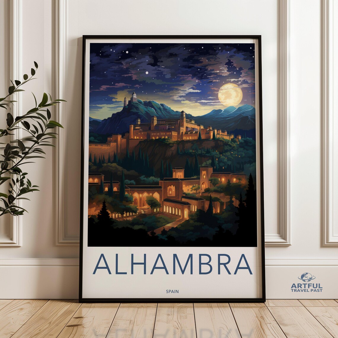Alhambra Spain Moonlit Night Palace Historic Landmark Travel Poster