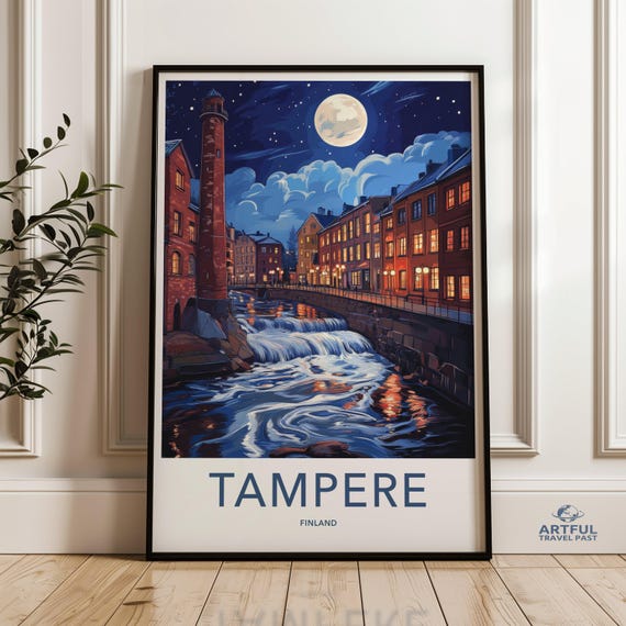 Tampere Finland Night Cityscape Wall Art Print Moonlit River Scene Poster Scandinavian Town Artwork Decor Home Office Decoration