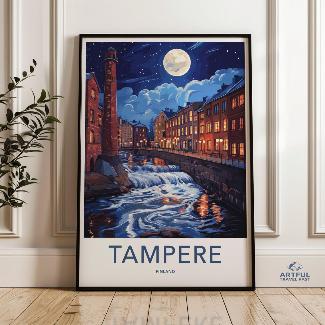 Tampere Finland Moonlit River Rapids Old Town Night Travel Poster