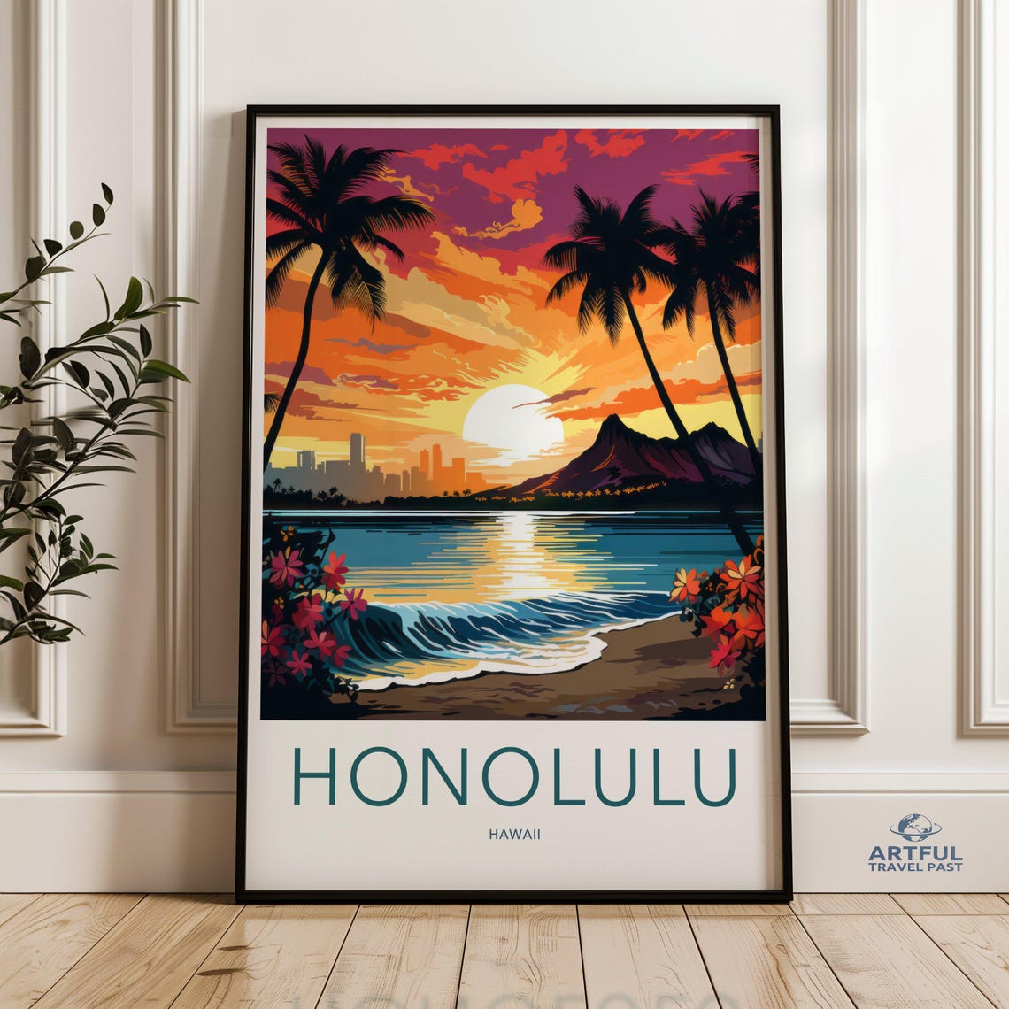 Vintage Honolulu Hawaii Poster Sunset Beach Wall Art Tropical Palm Tree Print City Skyline Decor Retro Travel