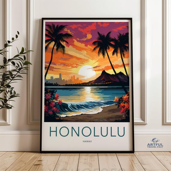 Vintage Honolulu Hawaii Poster Sunset Beach Wall Art Tropical Palm Tree Print City Skyline Decor Retro Travel