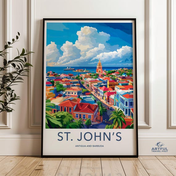 St Johns Antigua And Barbuda Travel Poster Colorful Caribbean City Wall Art Coastal Town Print Vibrant Island Decor Scenic