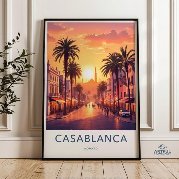 Casablanca Morocco Sunset Cityscape Wall Art Travel Poster Print Vintage Style Retro Decor For Living Room Or Office Mid Century