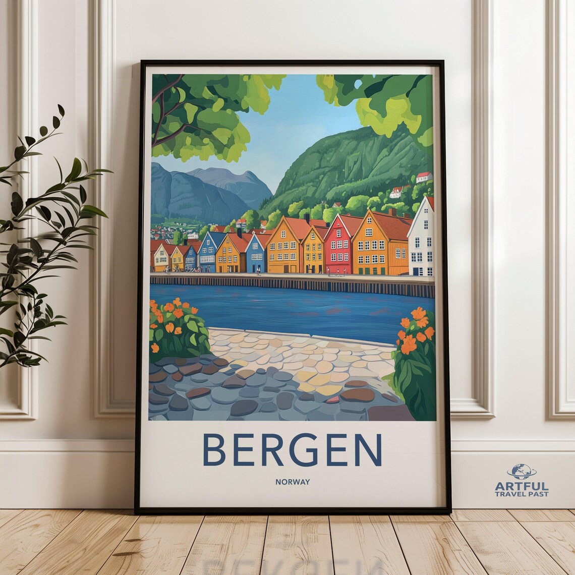 Bergen Norway Colorful Bryggen Harbor Waterfront Travel Poster