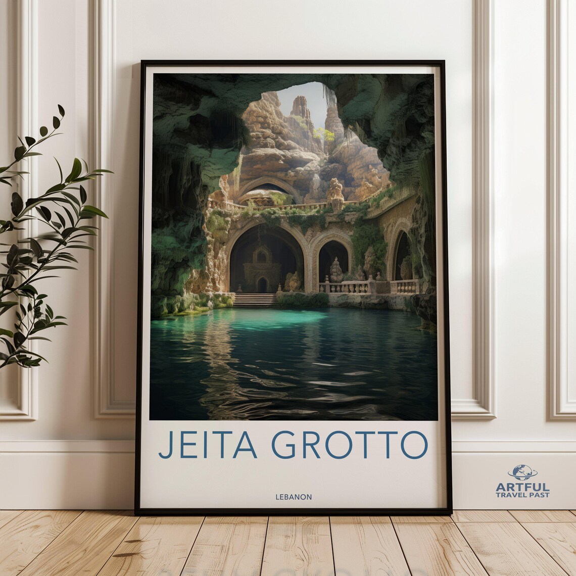 Jeita Grotto Lebanon Turquoise Cave Lagoon Vintage Travel Poster