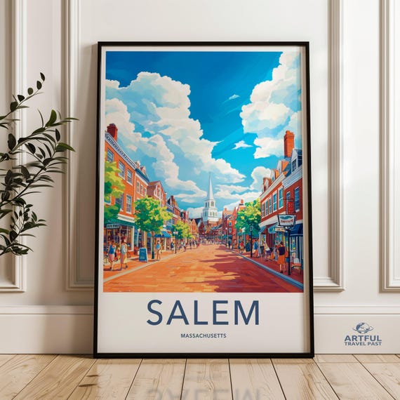 Vibrant Salem Massachusetts Wall Art Historic Downtown Scene Print Colorful Cityscape Illustration Home Decor